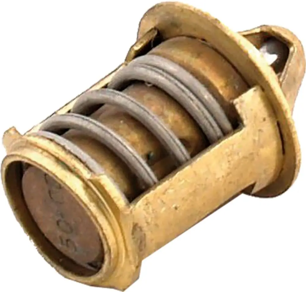 Thermostatventil von Wolf mit sichtbarem Federmechanismus und Metallgehäuse. Das Bauteil ist zylindrisch und hat eine Öffnung zur Befestigung.